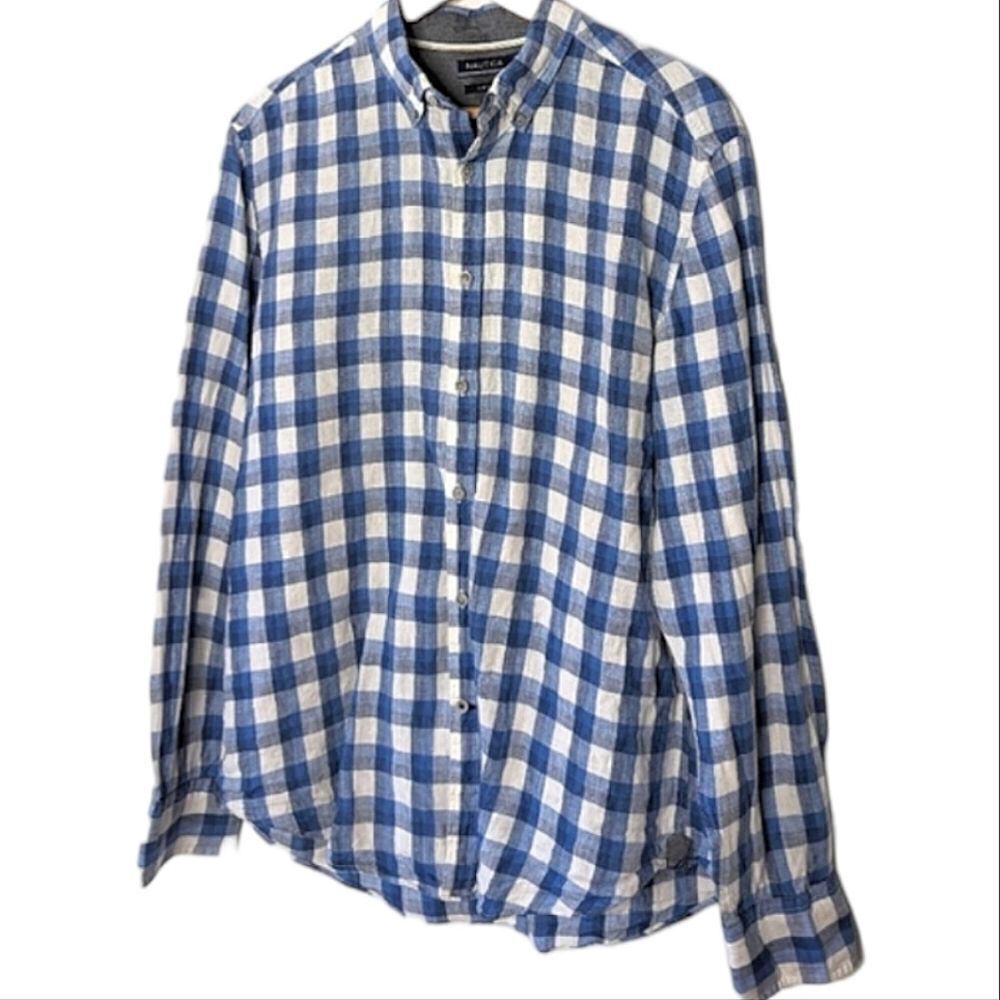 Nautica Slim Fit Linen Blue Check Button Down Long Sleeve Dress Shirt Men's L
